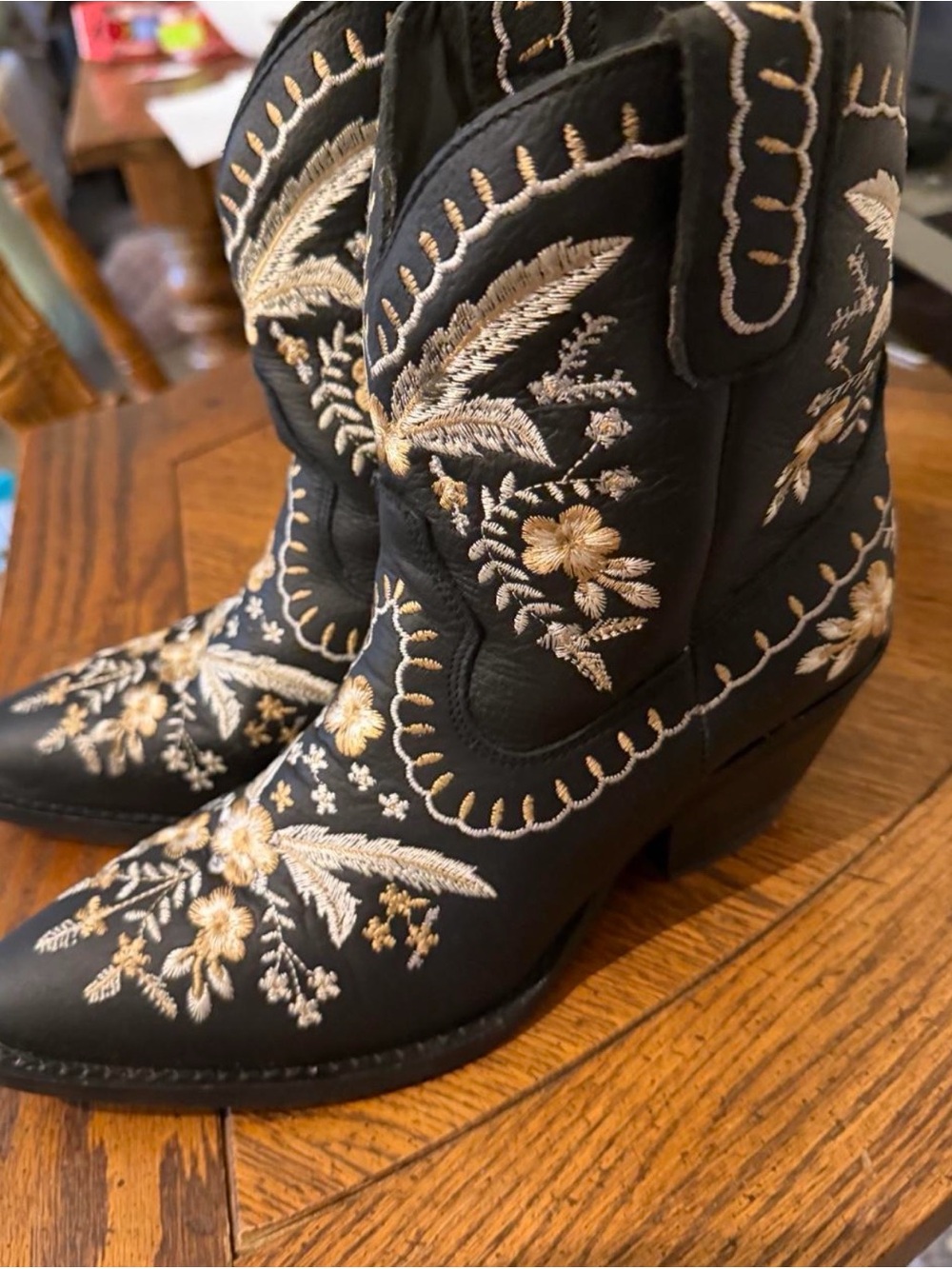 dingo Black Ankle Boots with Gold & Cream Floral Embroidery